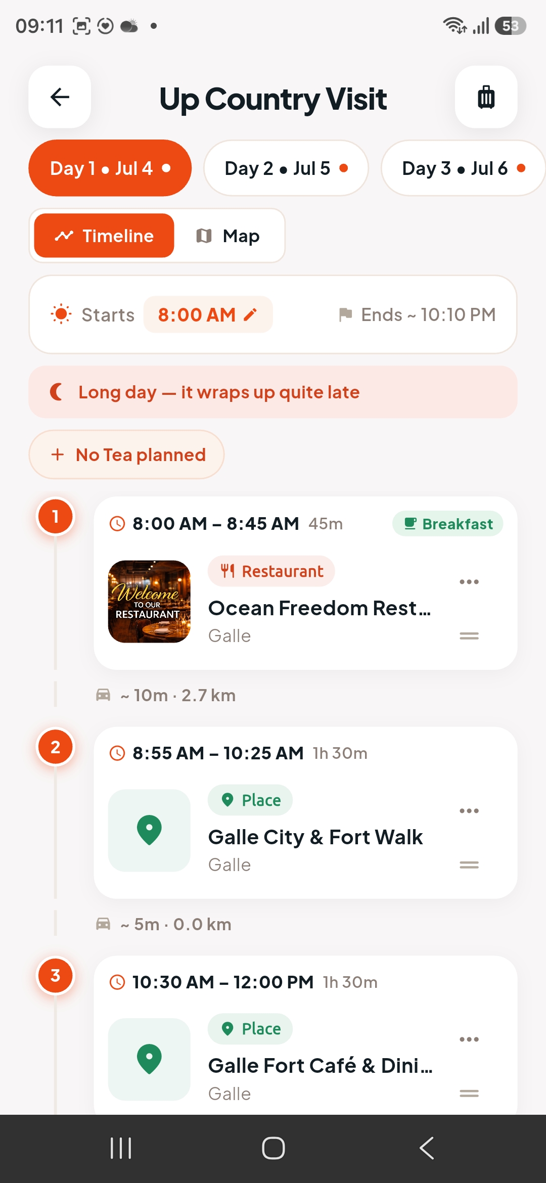 Travel itinerary timeline in the TourPal app